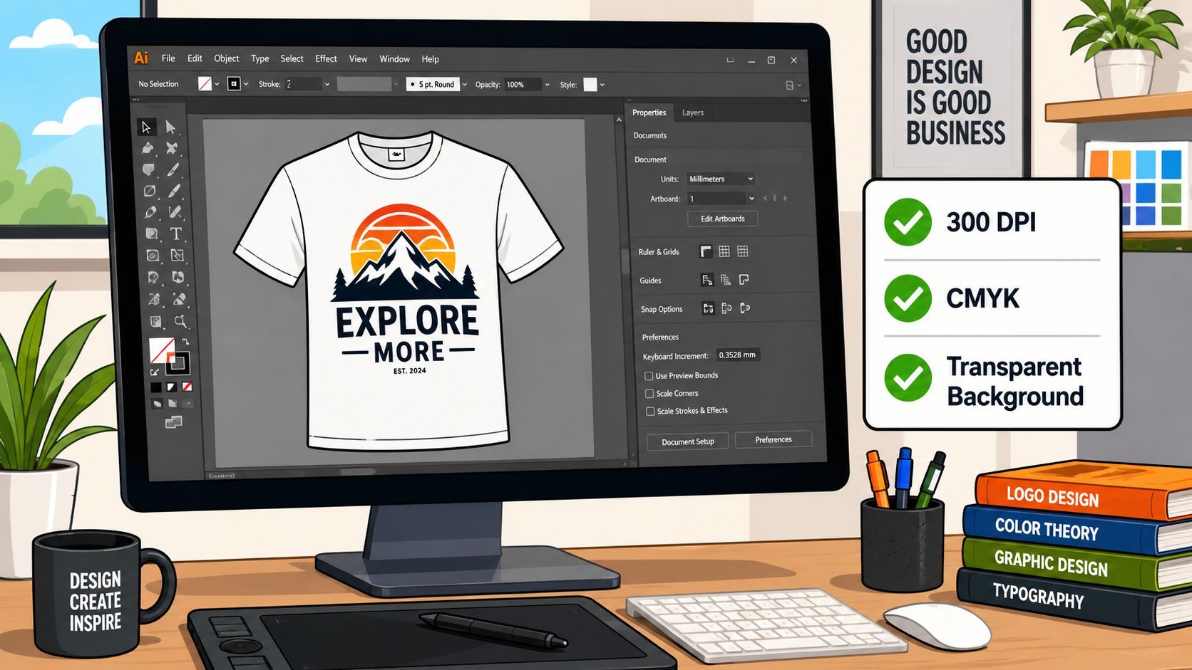 A computer screen showing Adobe Illustrator with a mountain graphic t-shirt design for DTF printing.
