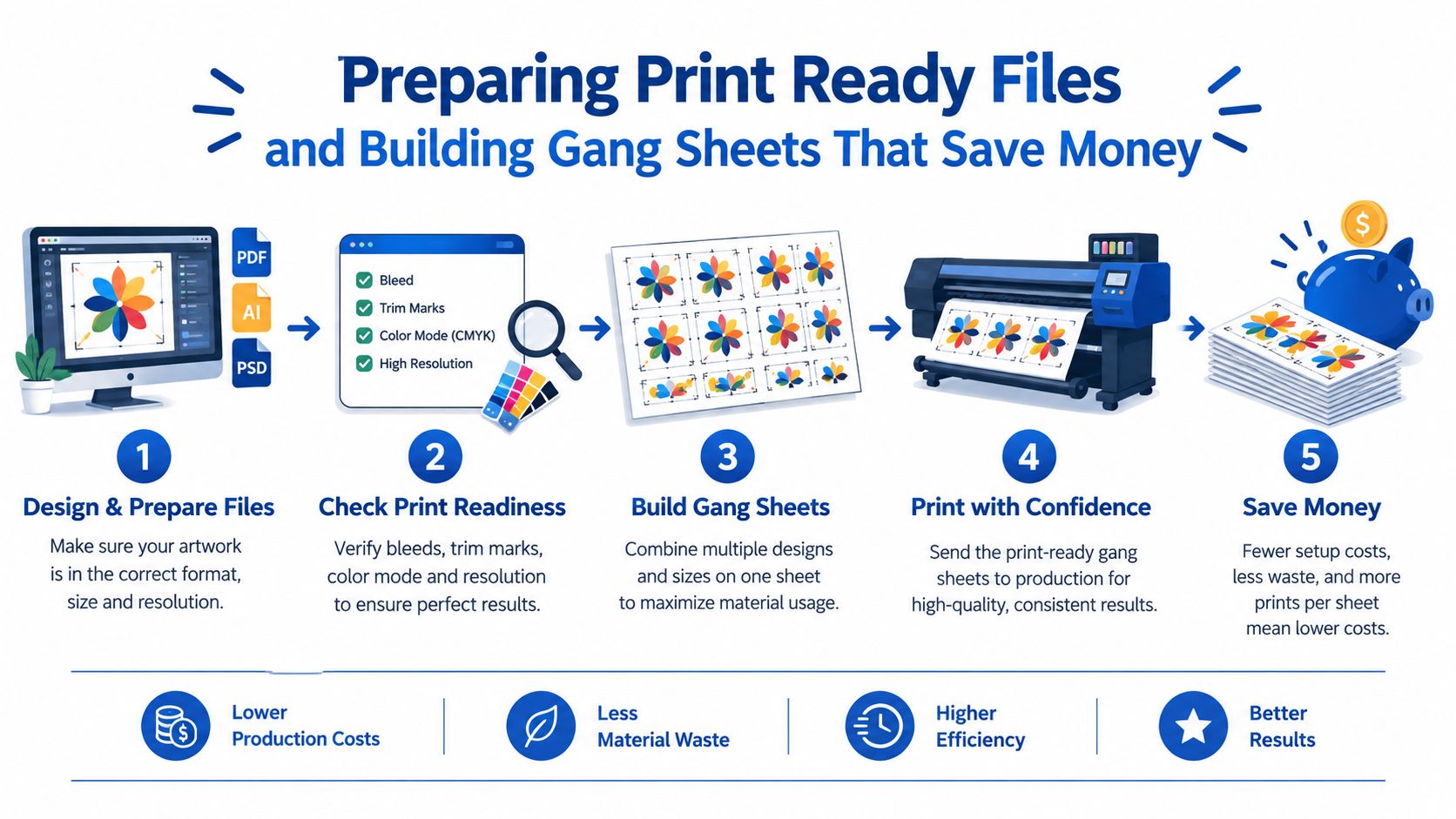 A 5-step infographic showing the process of creating print-ready files and gang sheets for efficient, cost-effective printing.