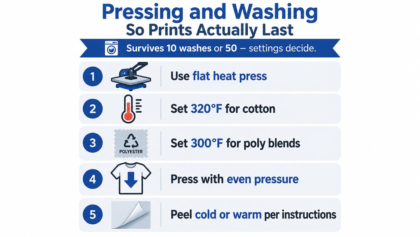 An infographic showing instructions for heat pressing fabric, including temperature settings for cotton and polyester blends.