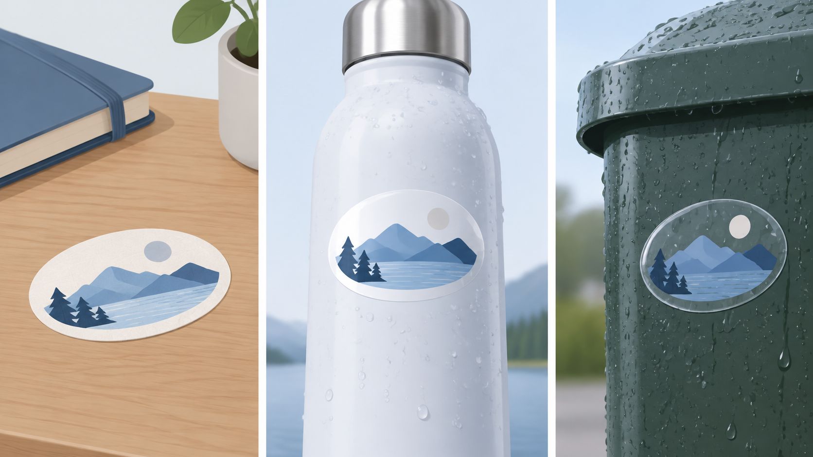 Three examples of personalized oval stickers featuring a serene mountain landscape design placed on different surfaces.
