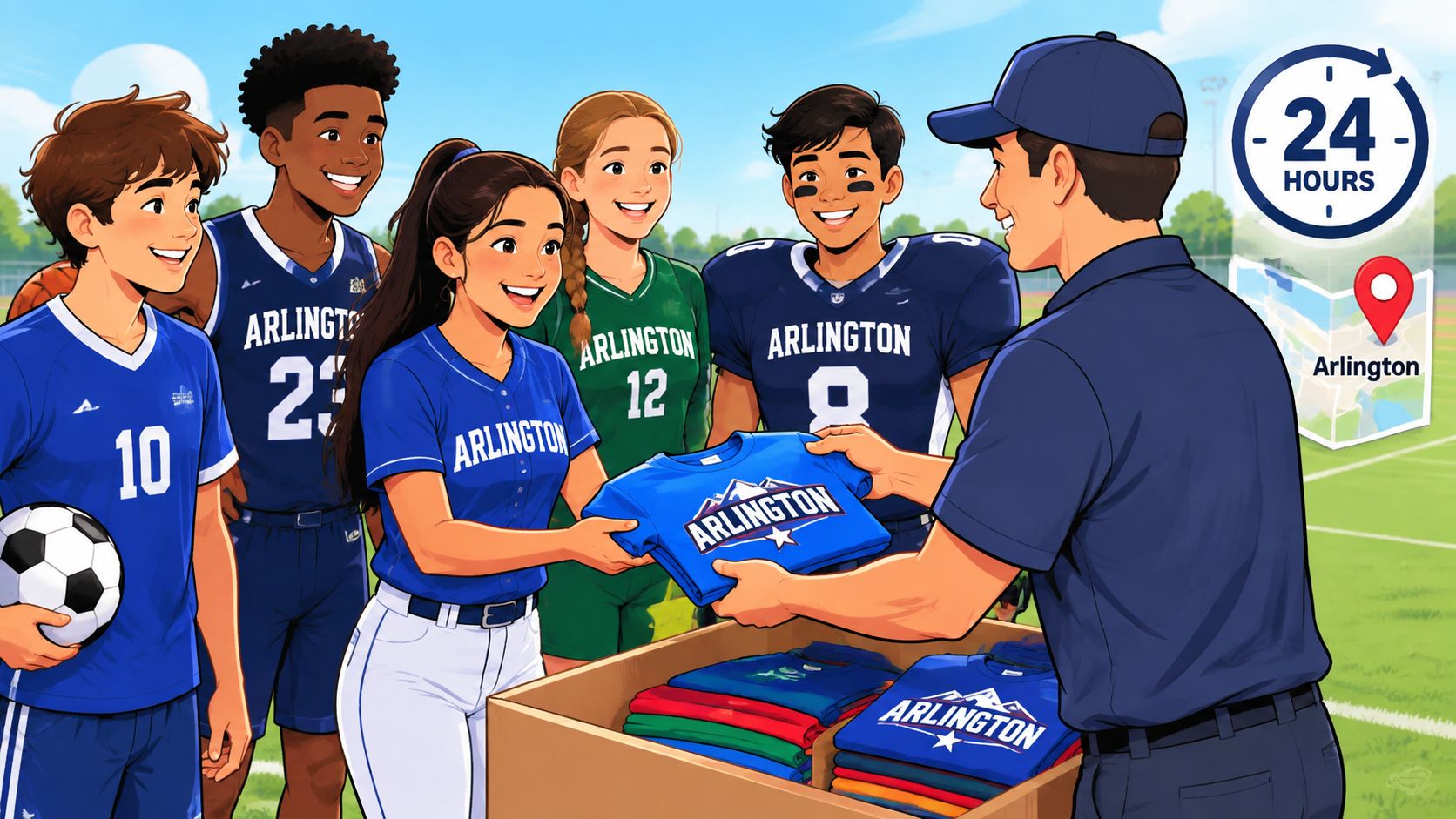 A man handing out Arlington branded t-shirts from a cardboard box to a group of diverse students.