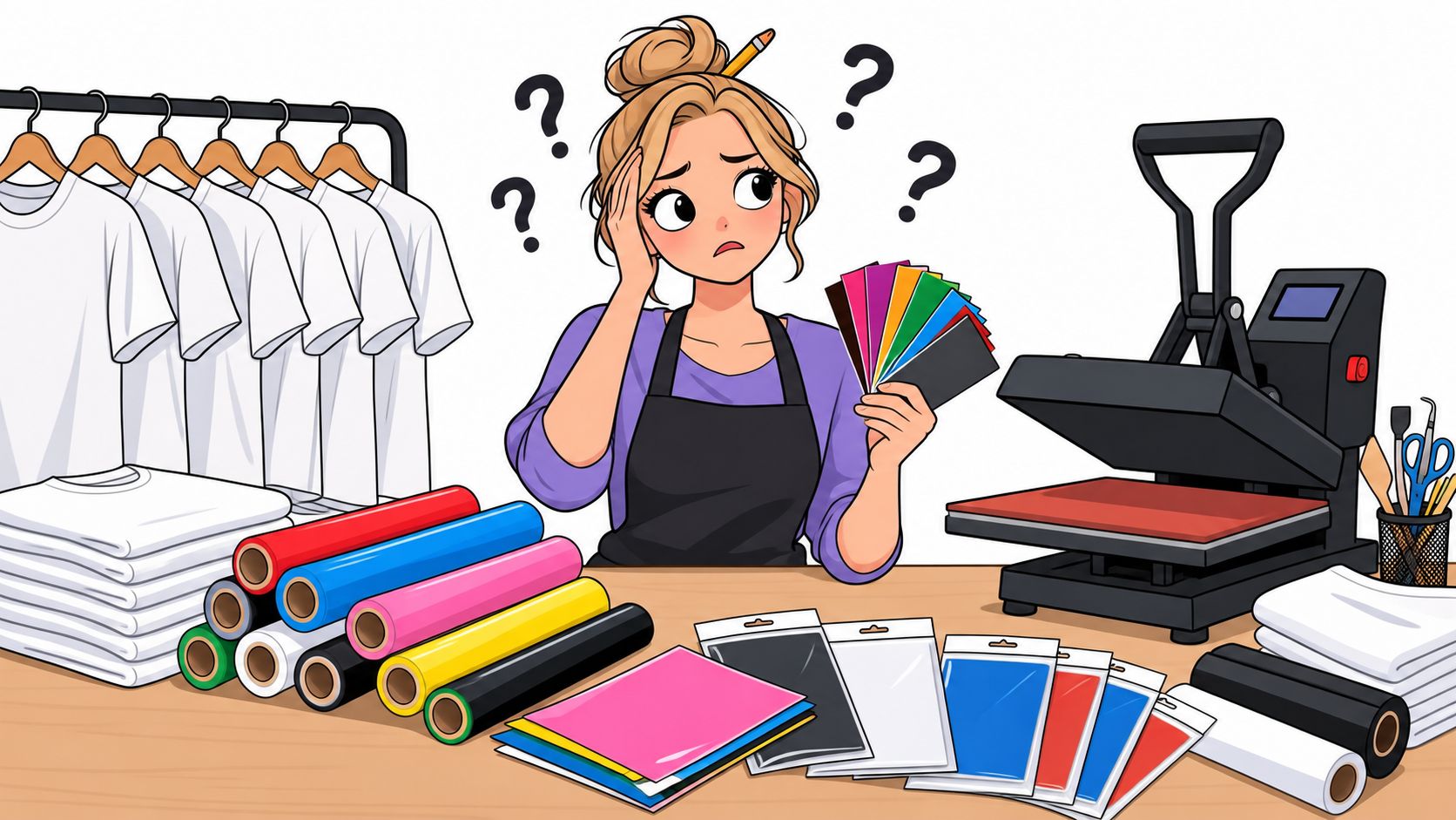 A confused business owner holding a color swatch while deciding on vinyl heat transfers for her garments.