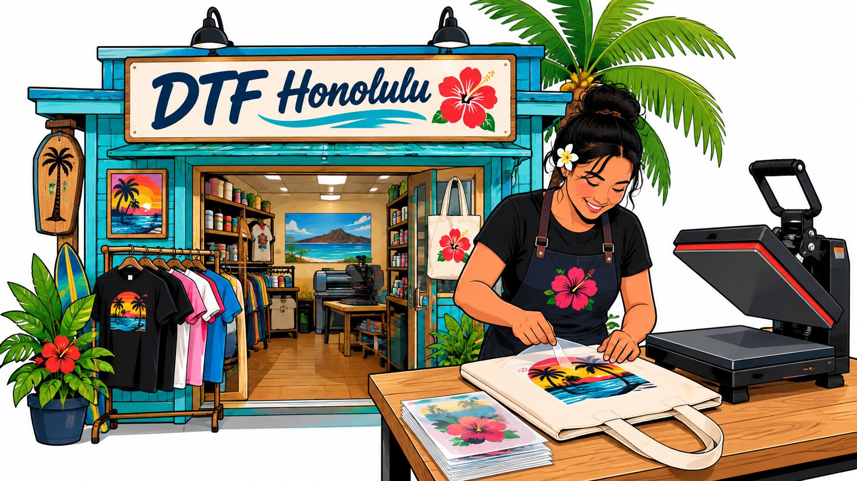A woman working in a Honolulu shop, heat pressing a sunset tropical design onto a tote bag.