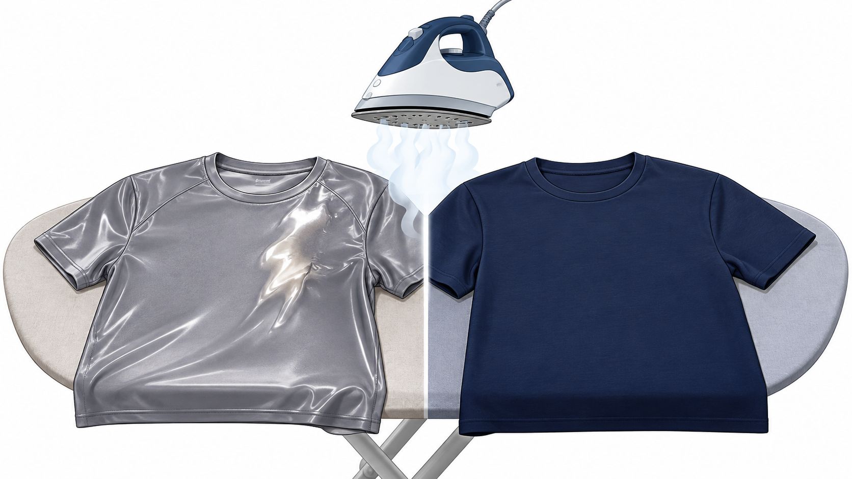 An iron releasing steam over a wrinkled grey shirt next to a smooth navy blue t-shirt.