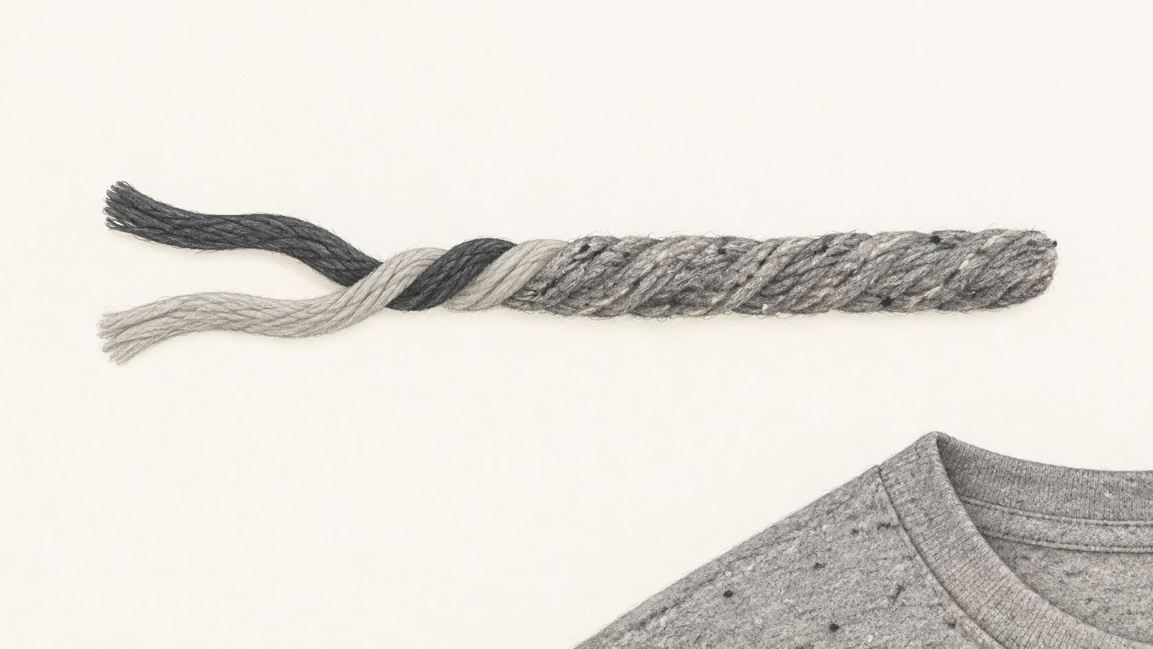 A dual-colored yarn strand featuring dark and light gray fibers next to a gray heather fabric.
