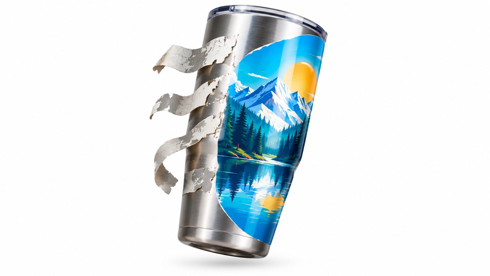 A stainless steel tumbler featuring a nature-themed UV DTF decal depicting snowy mountains, pine trees, and a lake.