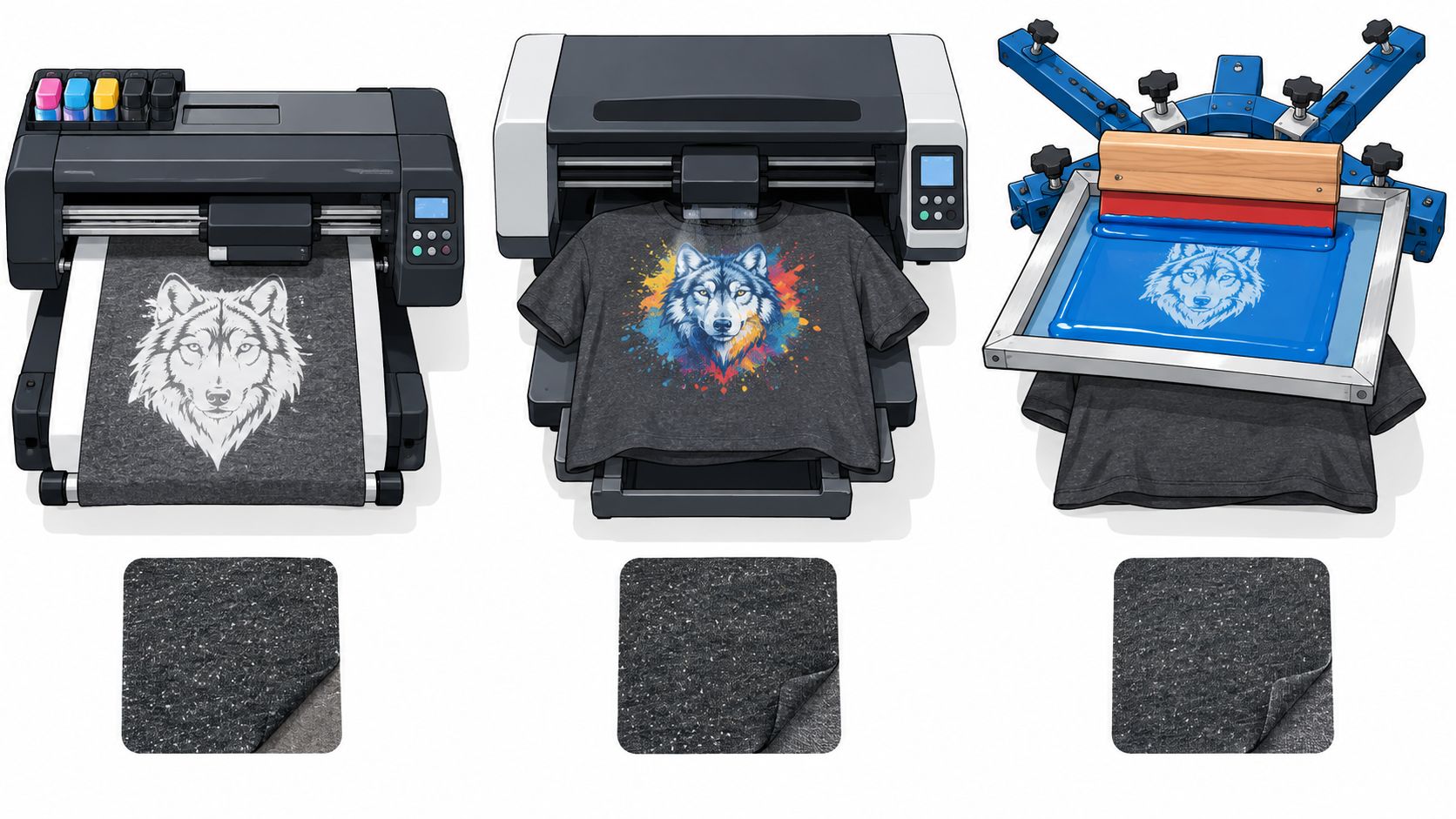 Three different methods for printing wolf designs on charcoal heather color fabric garments shown in illustration.