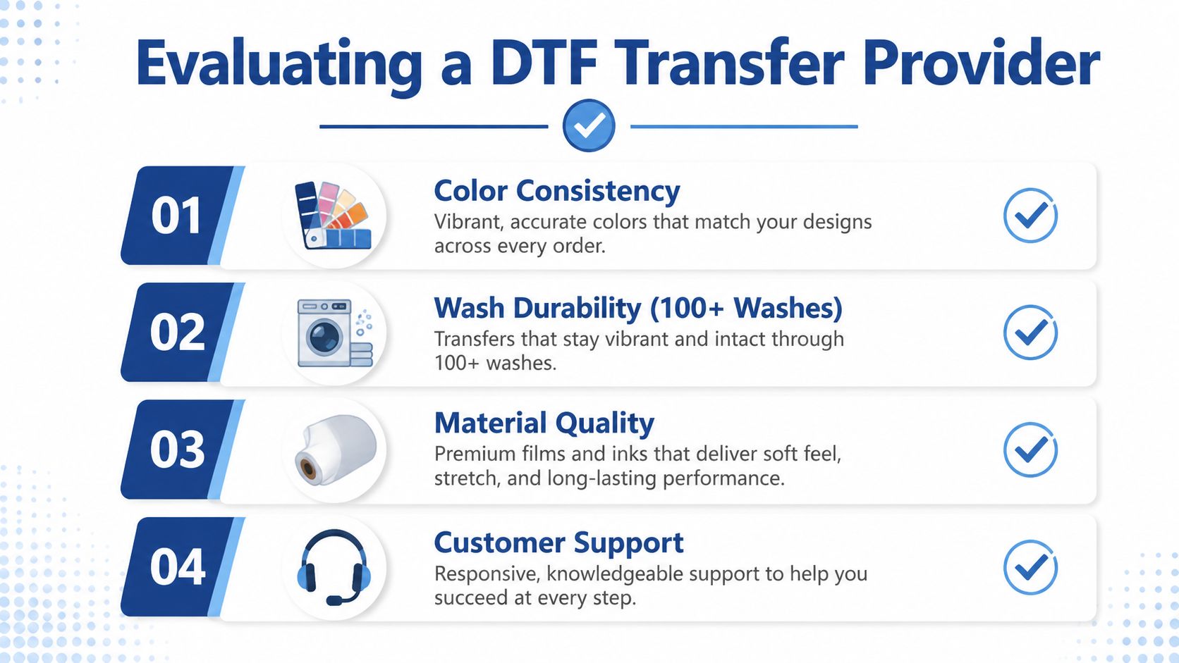 A four-point infographic guide on evaluating a quality DTF transfer provider for custom printing needs.