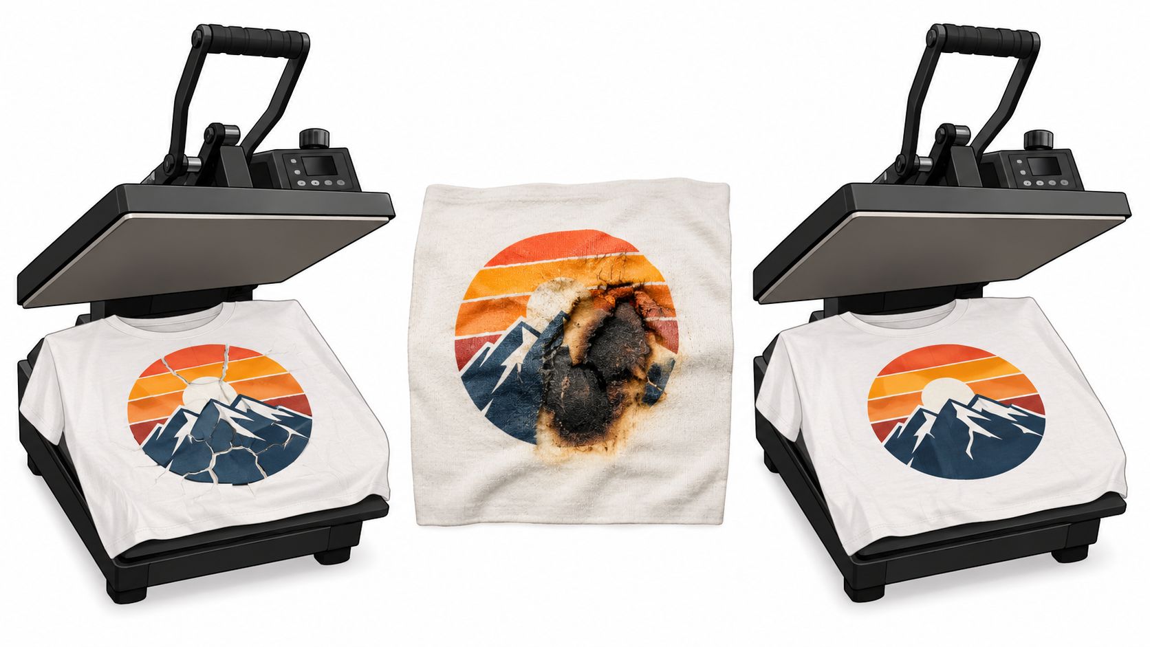 Visual comparison showing a cracked heat transfer, a scorched towel, and a perfect quality DTF print.
