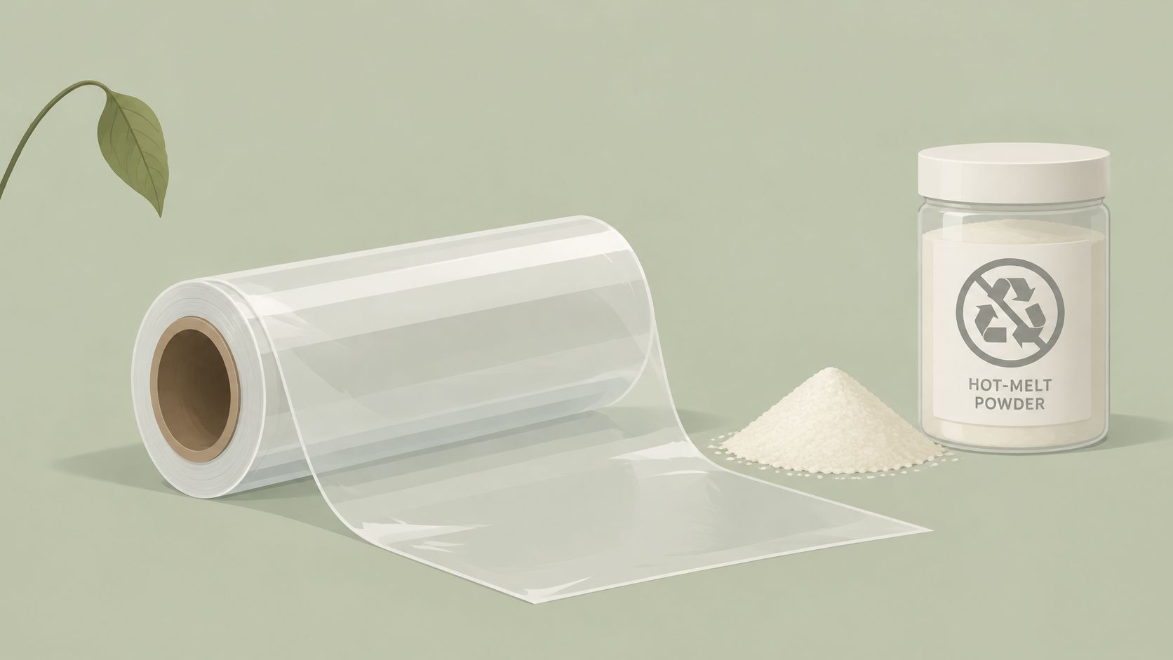 A roll of clear DTF film placed next to a small pile of white hot-melt adhesive powder.
