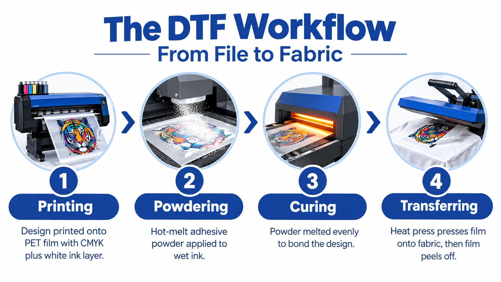 A four-step diagram illustrating the DTF printing workflow from initial printing to the final heat press transfer.