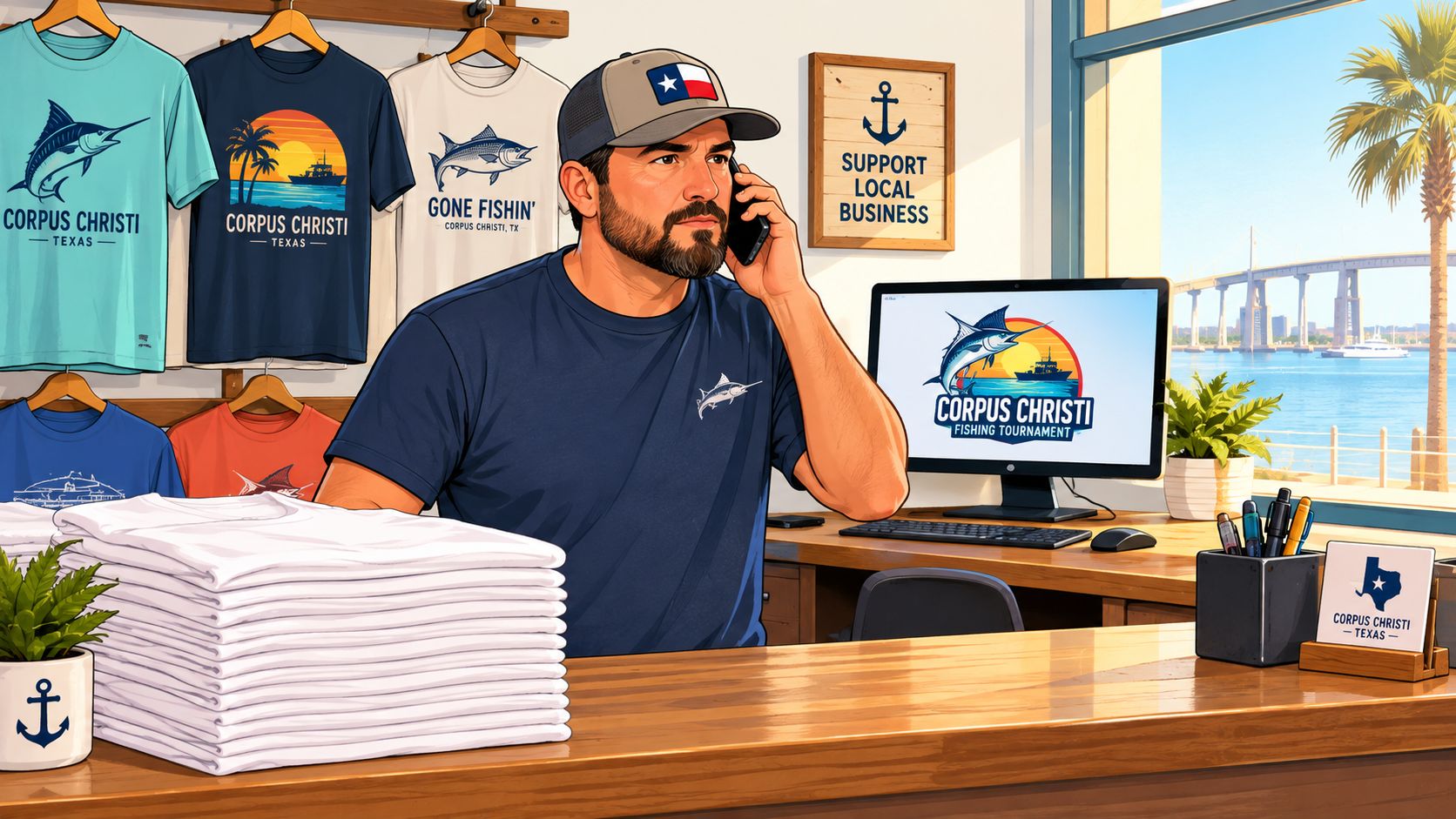 A store owner in a Texas hat talking on his phone in a Corpus Christi merchandise shop.