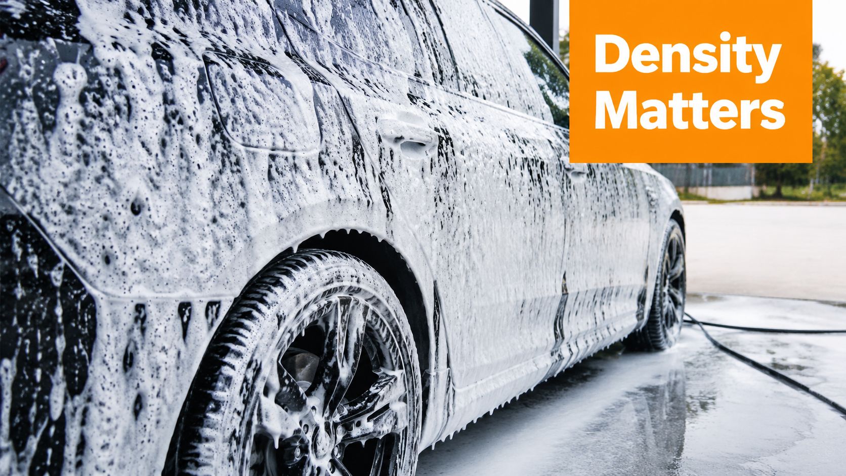 A black car covered in thick white soap foam during a professional exterior car wash service.