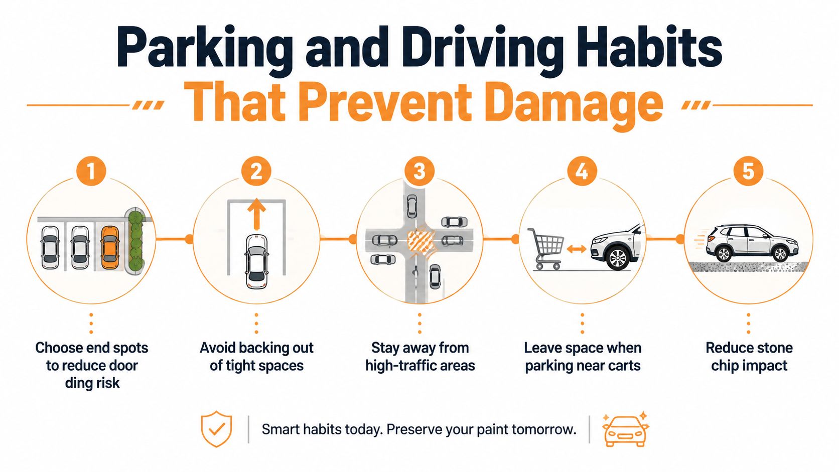 An infographic showing five helpful driving and parking tips to protect your car from paint damage.