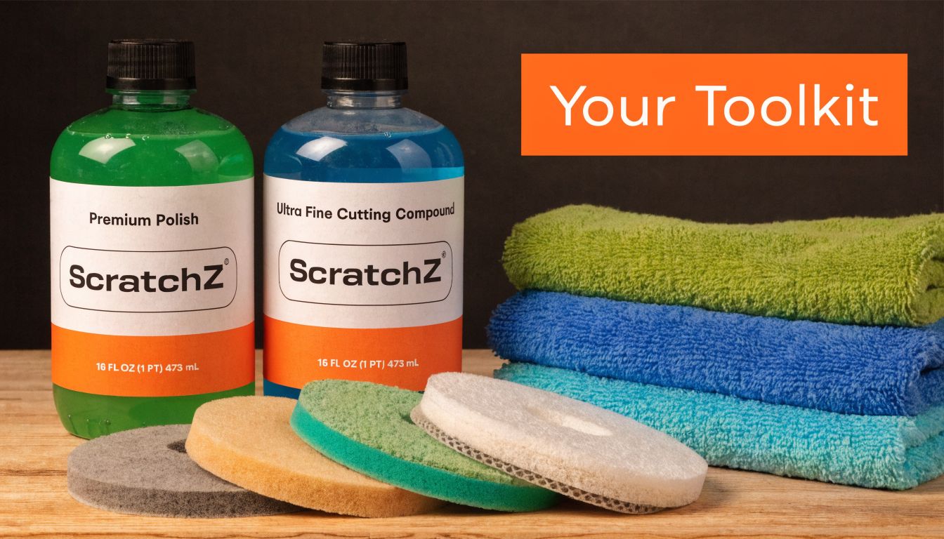 A professional car detailing toolkit with bottles of ScratchZ polish, compound, microfiber towels, and foam buffing pads.