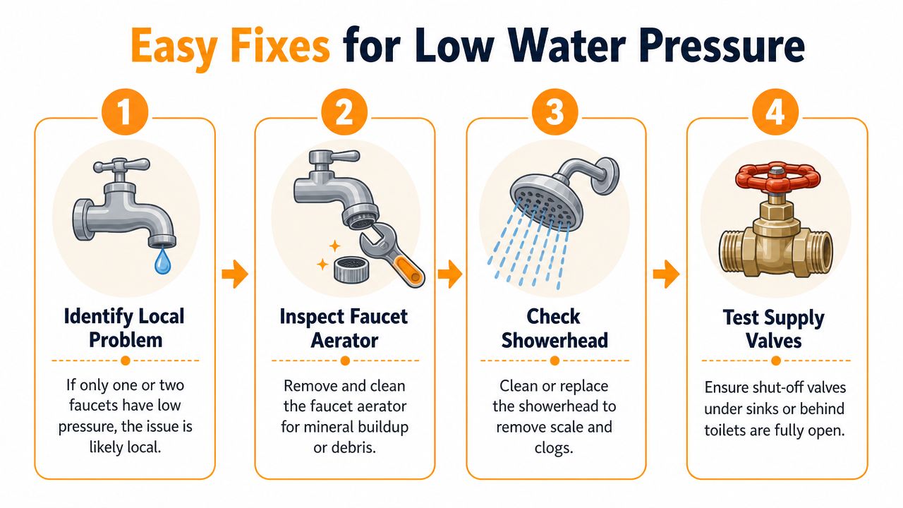 An infographic detailing four easy steps to troubleshoot and fix low water pressure issues at home.