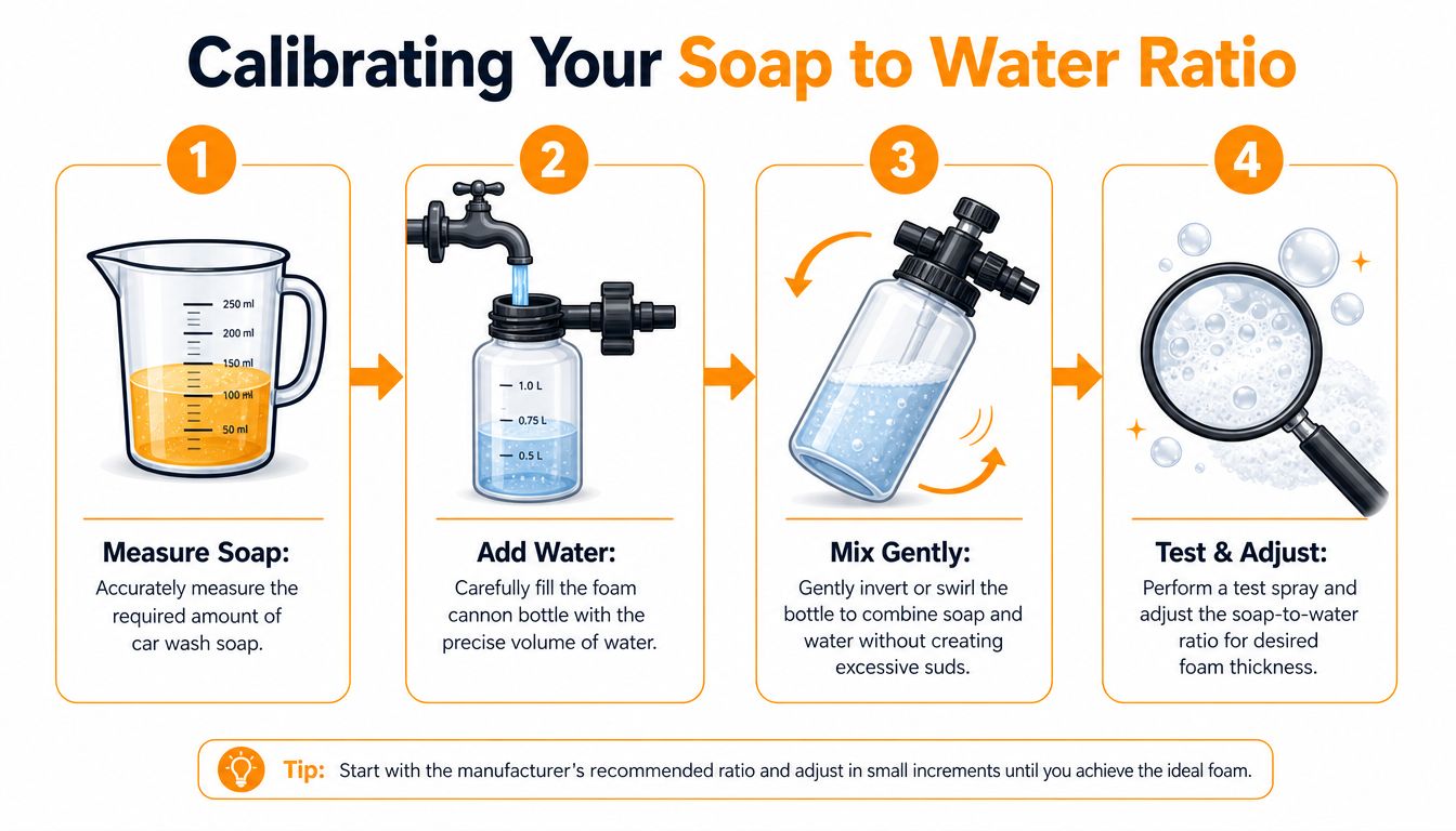 An infographic showing four steps to calibrate the soap-to-water ratio for a car wash foam cannon.