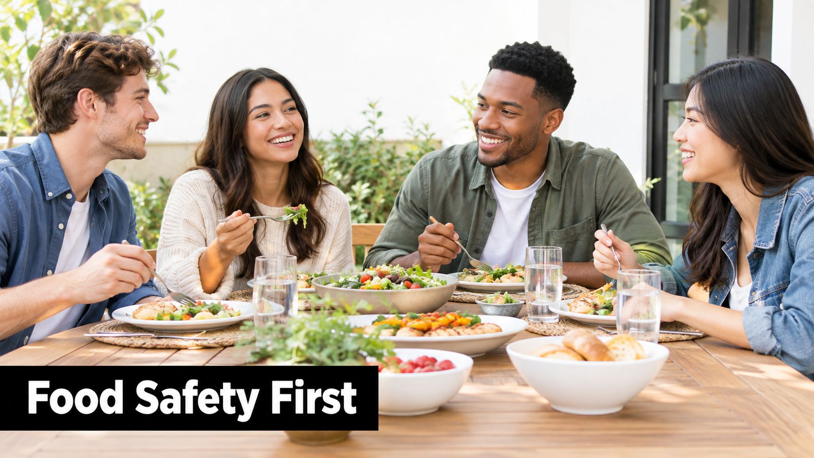 A group of friends enjoying a healthy meal together at an outdoor patio dining table.