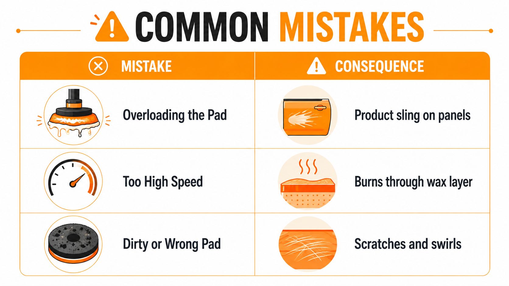 A chart illustrating common mistakes when using a machine wax car buffer and their resulting negative consequences.