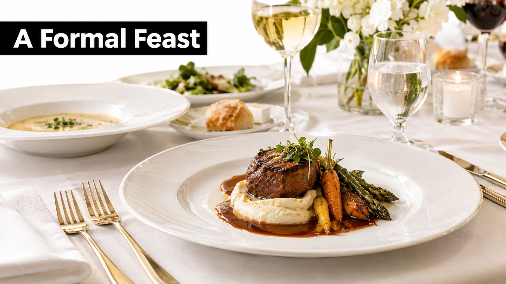 A gourmet plated steak dinner with mashed potatoes, roasted carrots, and asparagus on a formal white tablecloth.