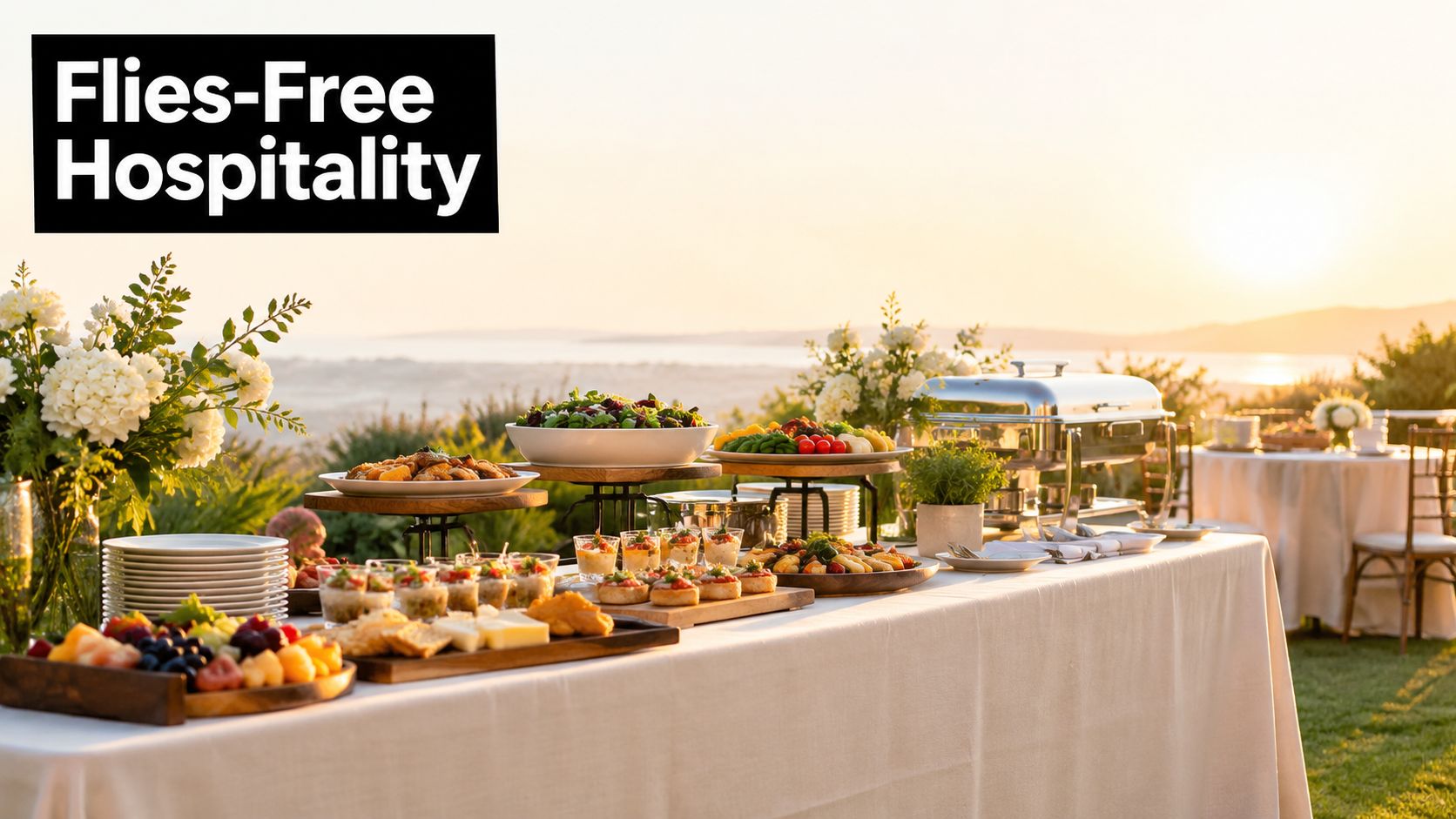 A luxurious outdoor catering buffet set up with gourmet food at sunset, featuring elegant floral arrangements.