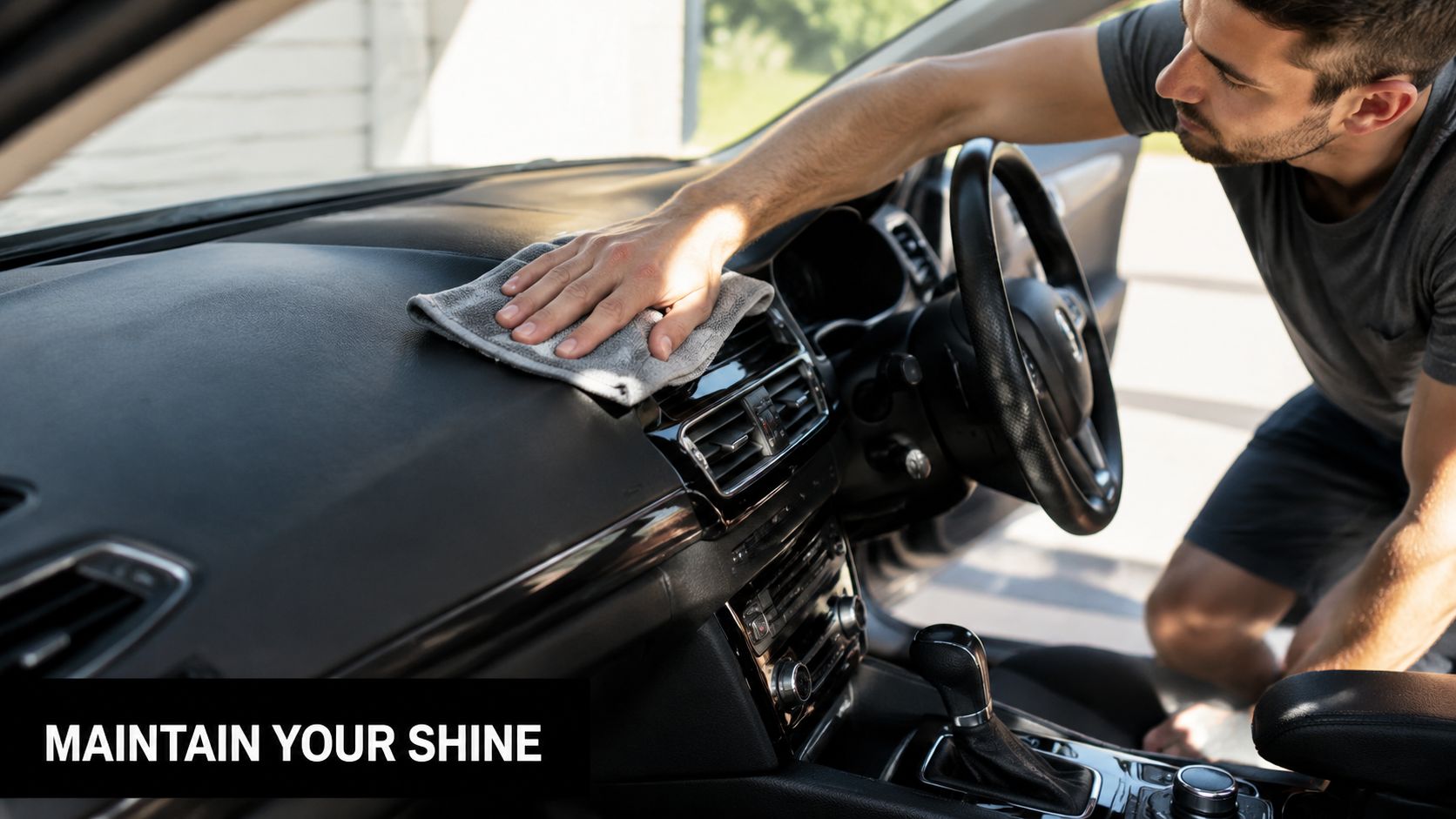 A man meticulously wiping the dashboard of a vehicle interior with a soft gray cleaning cloth.