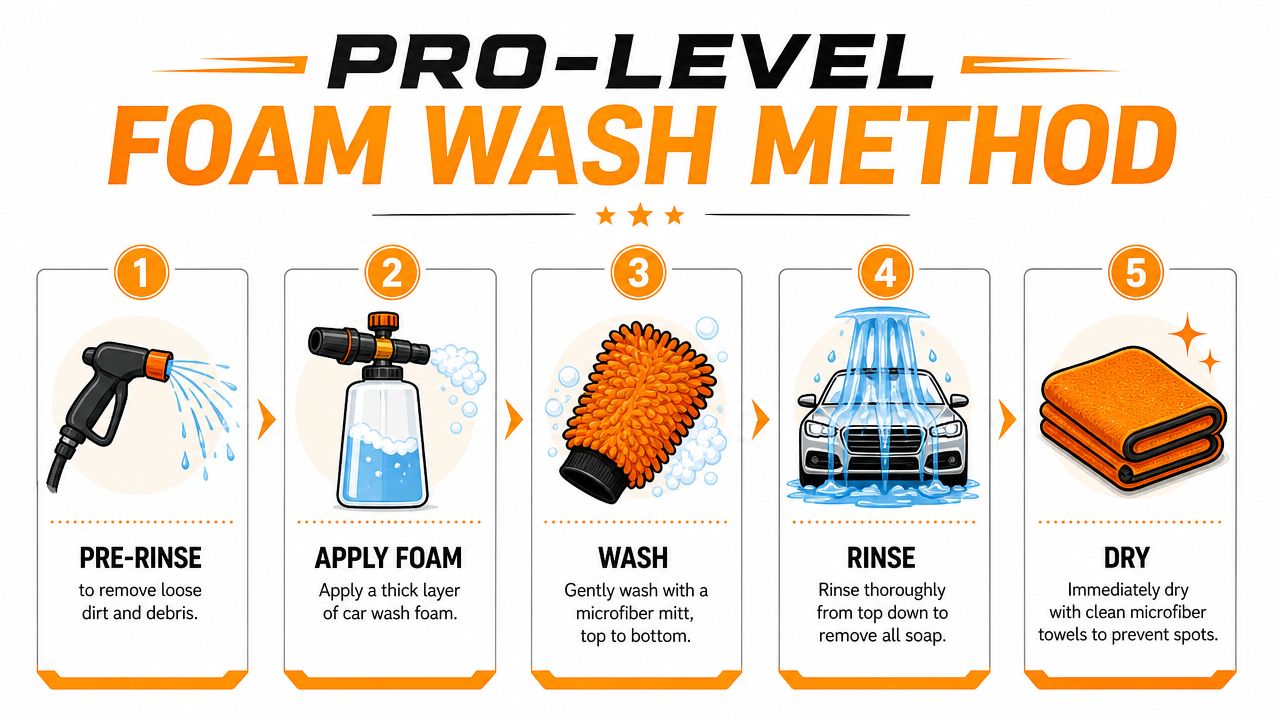 An infographic showing a professional five-step car wash method with clear instructions for cleaning your vehicle.