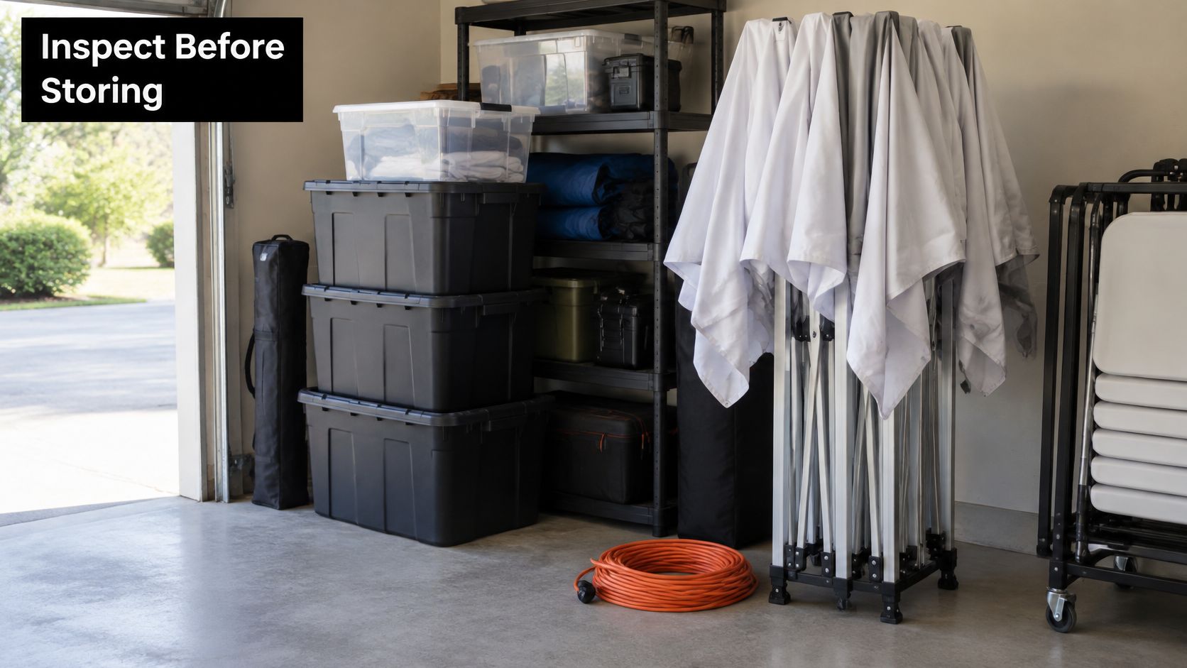 Organized garage storage featuring plastic bins, a folded canopy tent, and coiled orange extension cords.