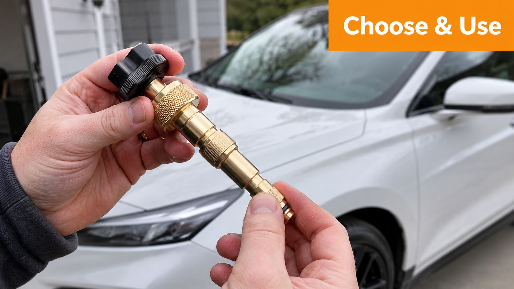 A person holds a brass pressure washer foam nozzle attachment in their hands in front of a car.
