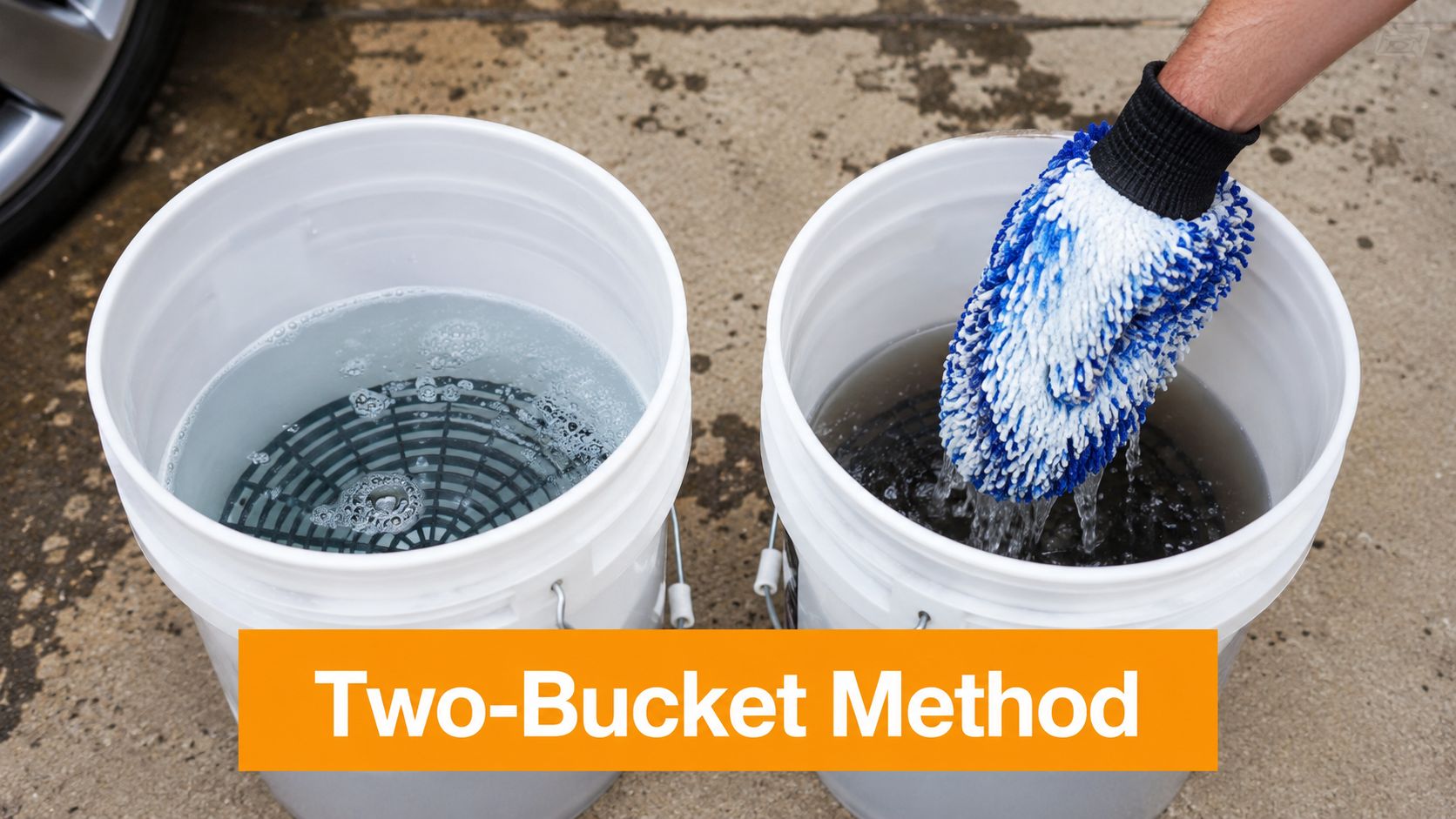 A person using the two-bucket method to rinse a car wash mitt in a bucket of water.