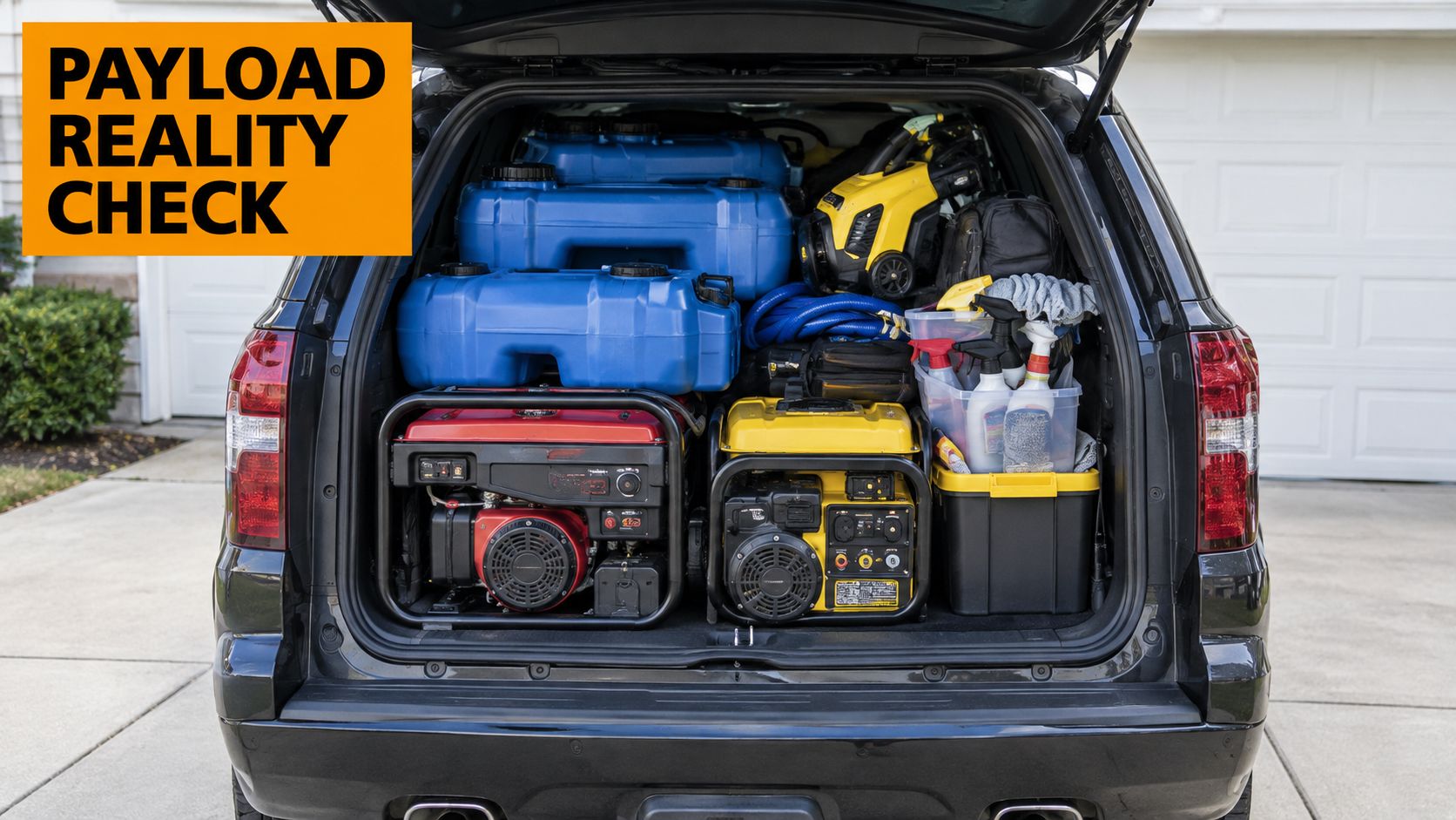 A trunk of a black SUV packed with heavy equipment including generators, water tanks, and detailing supplies.