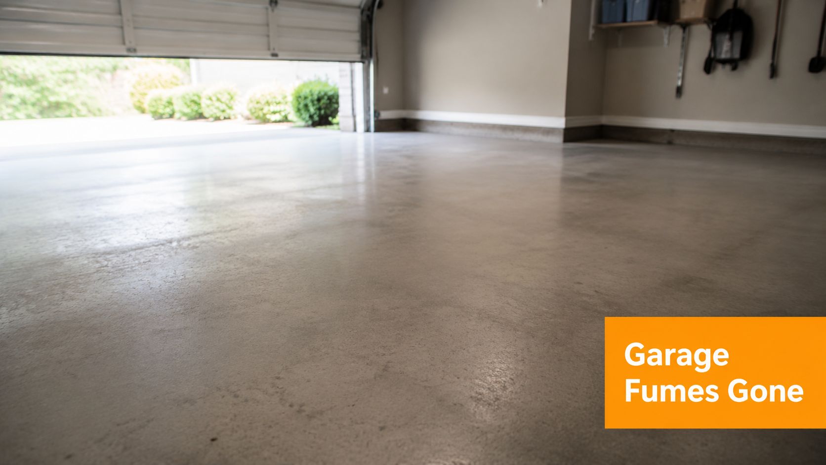 A clean, empty residential garage concrete floor with the door open to a sunny outdoor garden view.