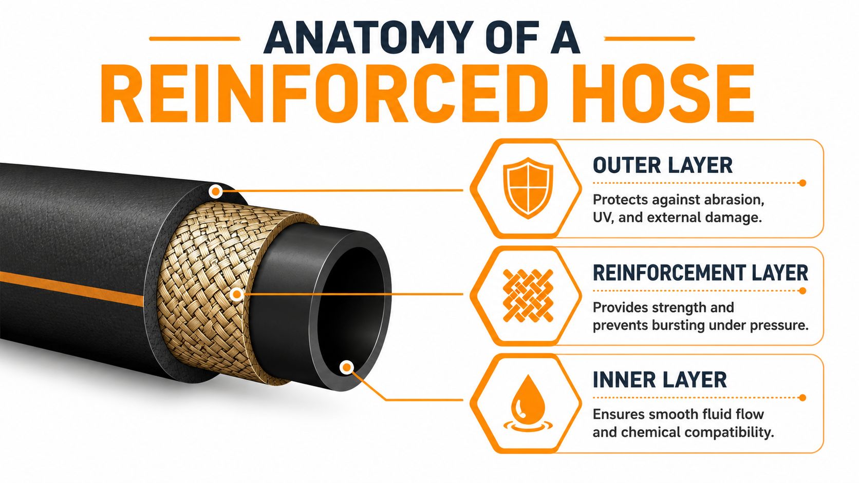 A diagram illustrating the cross-section and three layers of a reinforced hose with descriptive text.