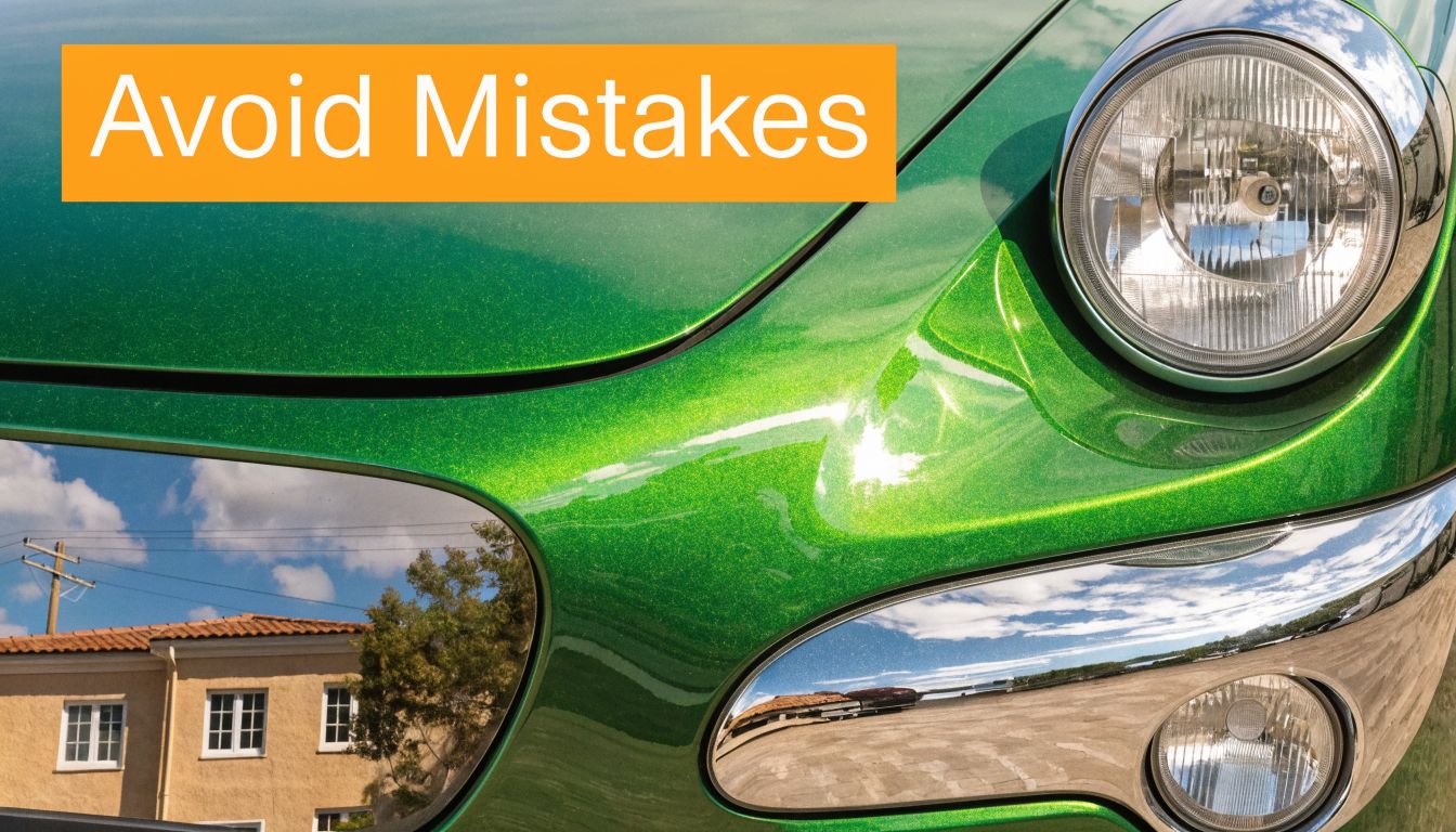 A close-up view of a shiny green car hood with clear reflections and an orange text overlay.