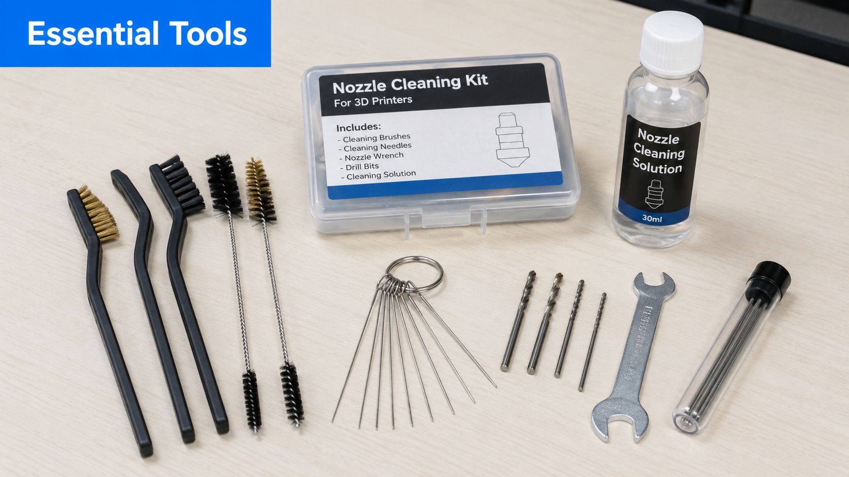 An essential 3D printer nozzle cleaning kit containing brushes, needles, drill bits, a wrench, and cleaning solution.