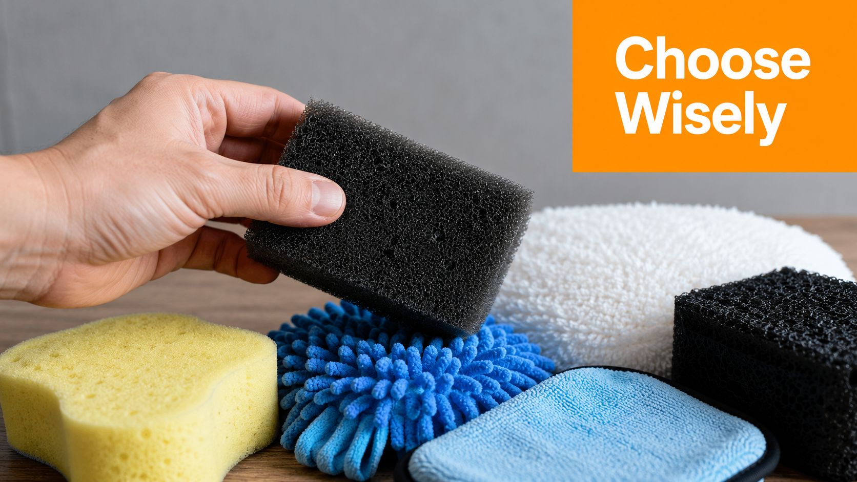 A hand holding a black cleaning sponge over a collection of various car wash tools on wood.