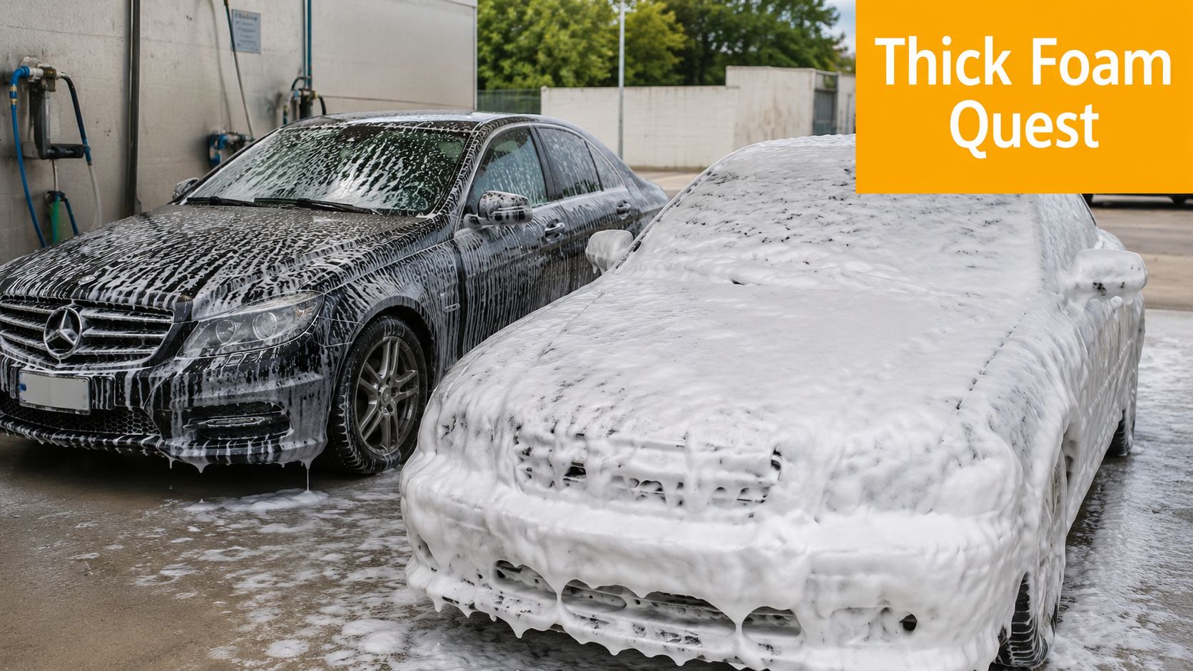 Two cars being cleaned at a car wash, with one covered in thick, white soap foam.