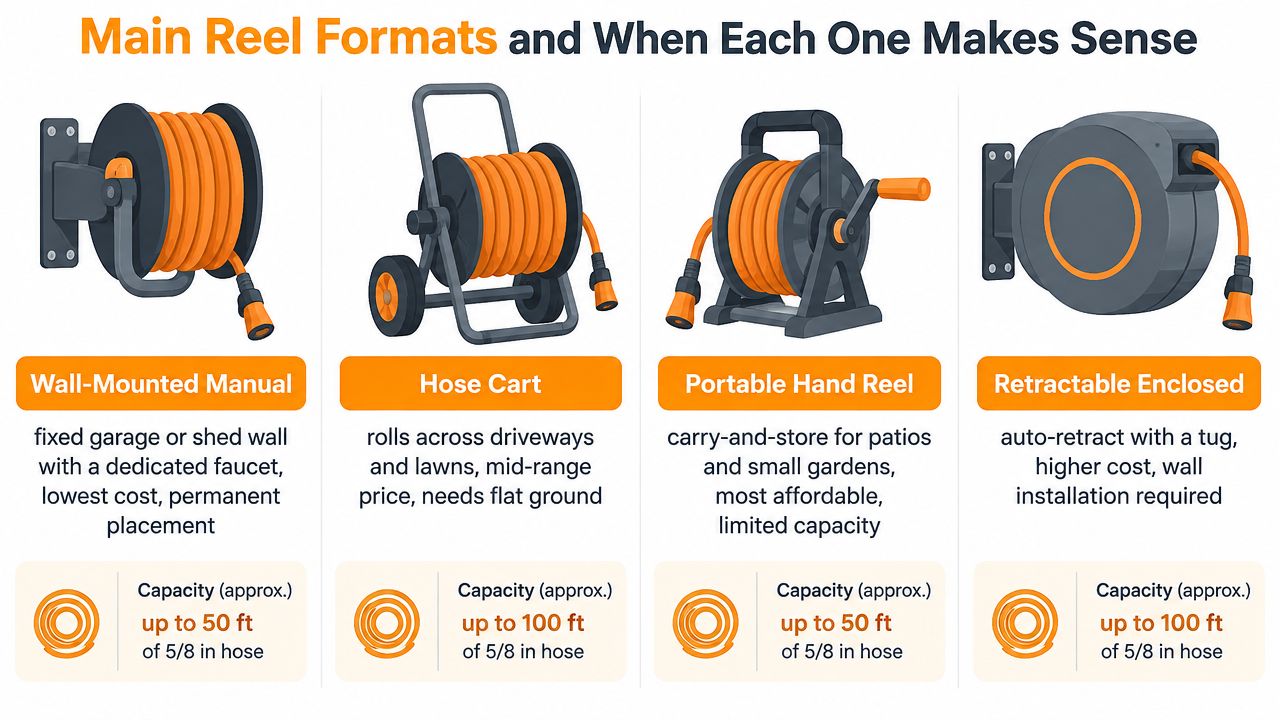 An infographic showing four common types of hose reels with descriptions and their water hose capacities.