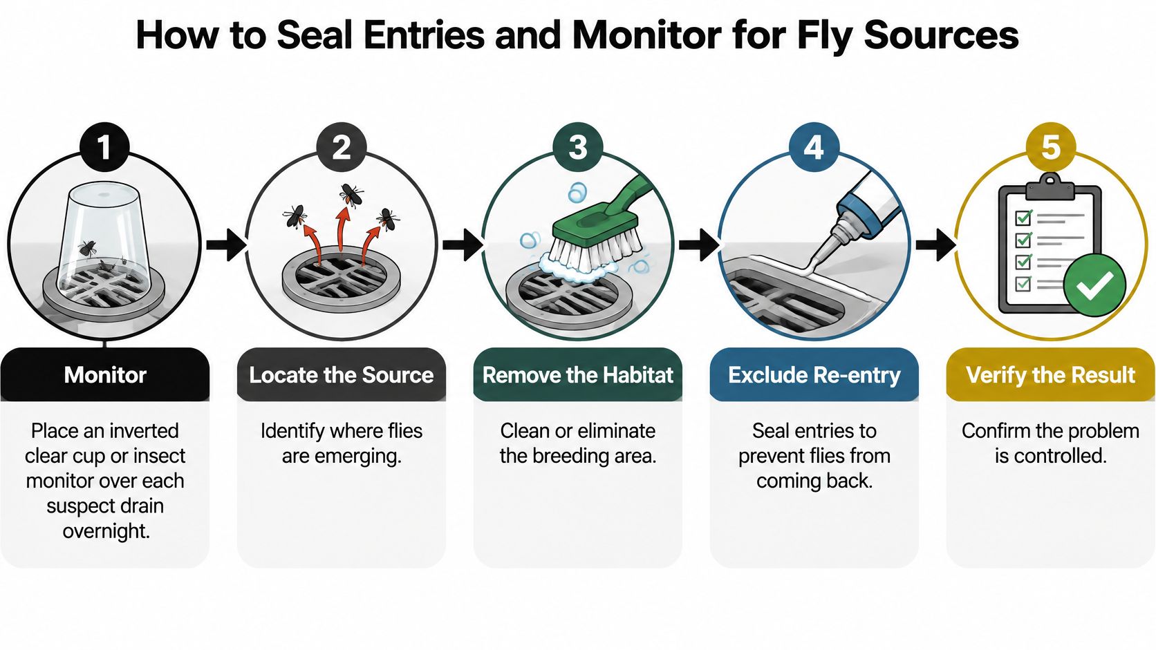 A five-step infographic showing how to monitor, locate, clean, and seal drains to control house flies.