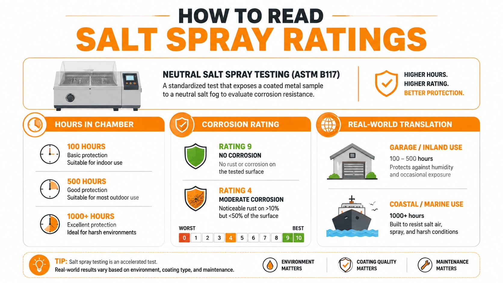 An infographic explaining how salt spray ratings for corrosion-resistant metal coatings work and their real-world applications.
