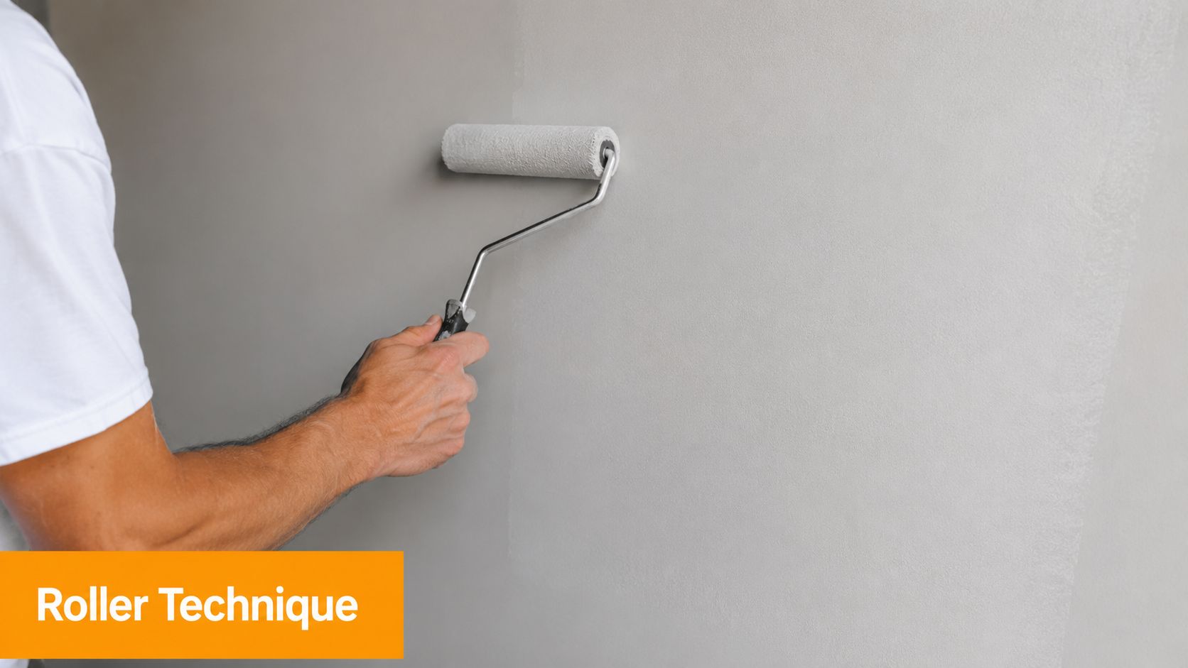 A close-up view of a person using a foam paint roller to apply grey paint on a wall.