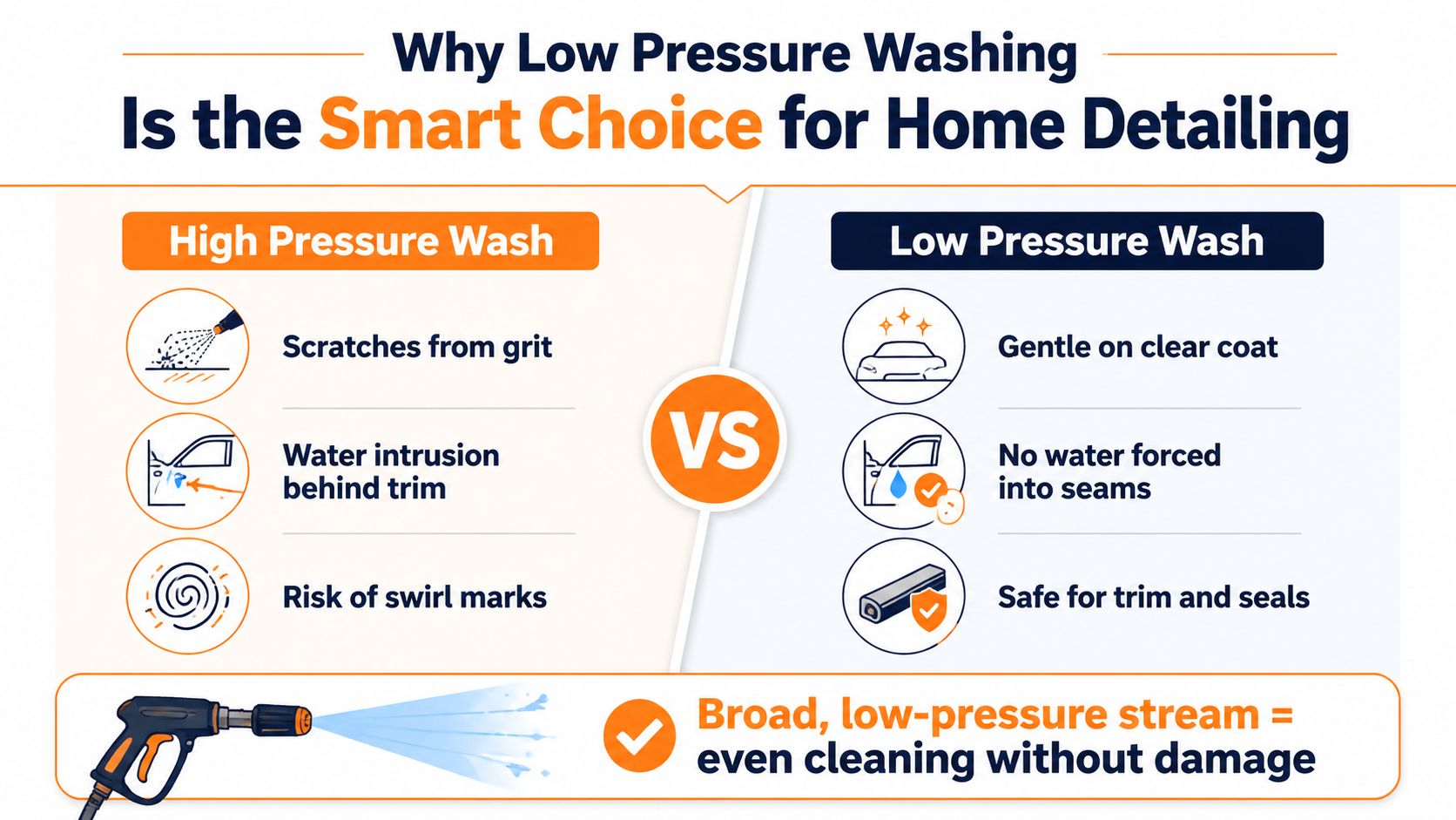 An infographic comparing high pressure and low pressure washing methods for home car detailing and cleaning.