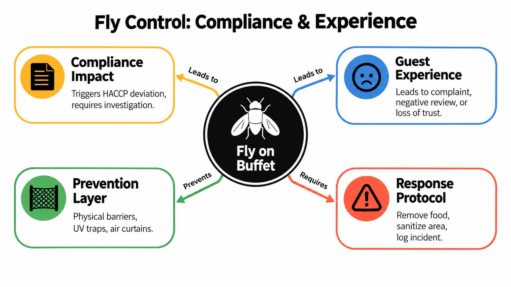 A diagram illustrating the impacts and control measures for a fly landing on a food buffet.