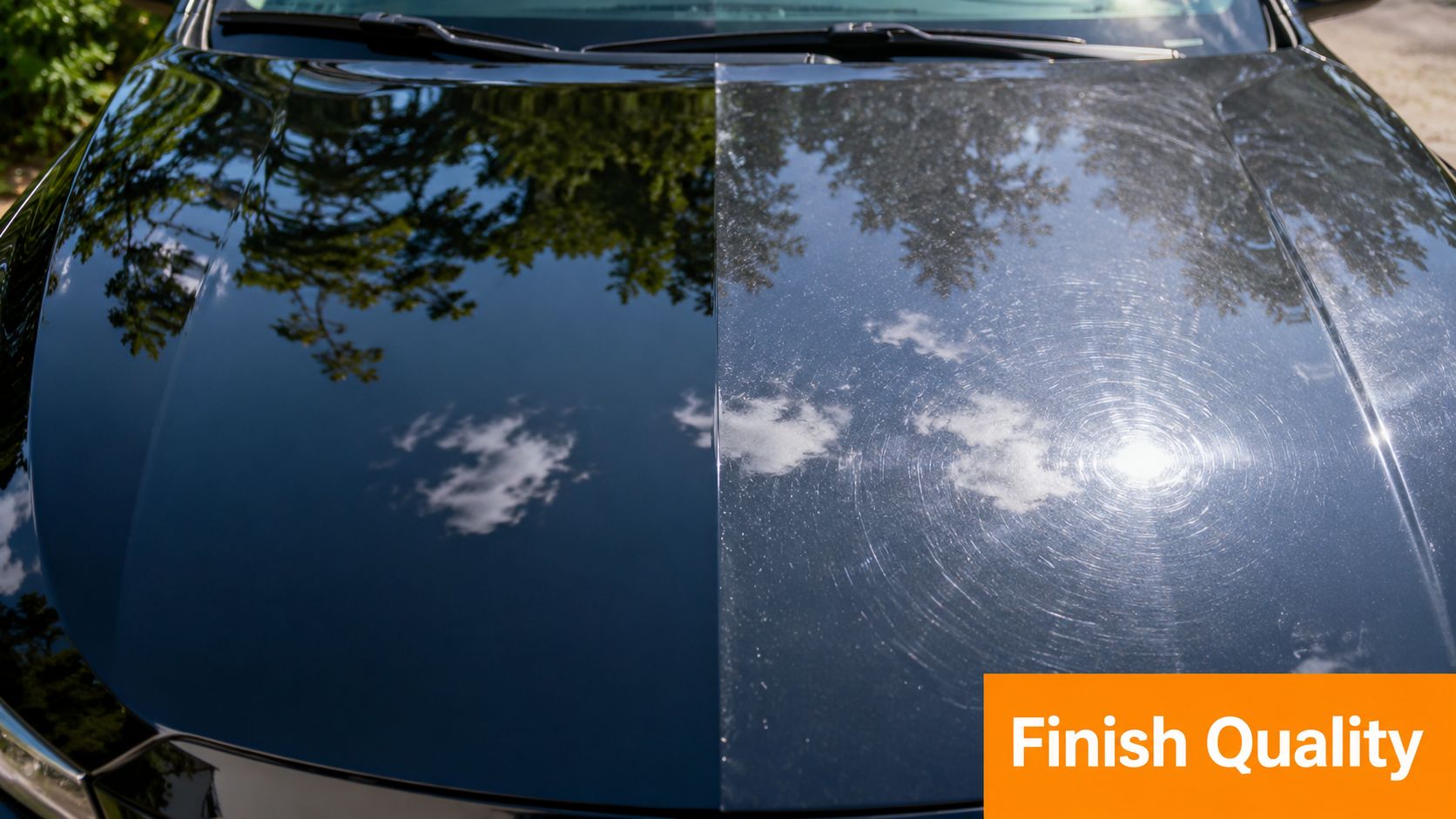 A car hood showing a clear visual comparison between a polished surface and a scratched surface.