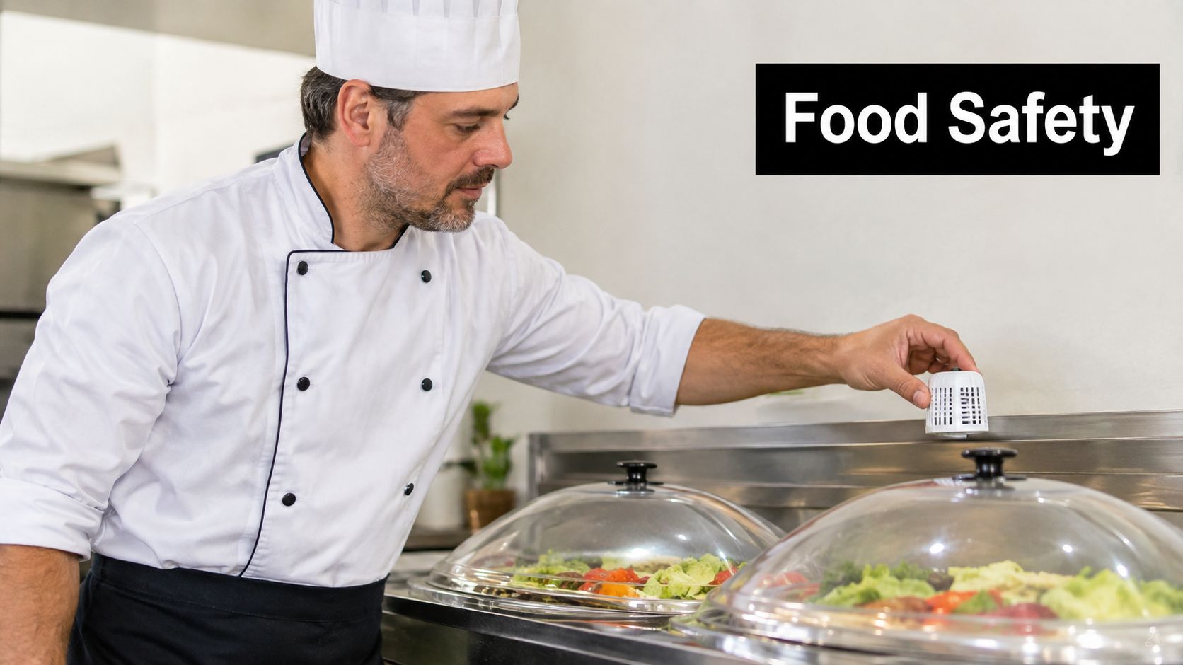 A professional chef adjusting a food safety thermometer inside a commercial kitchen buffet station.