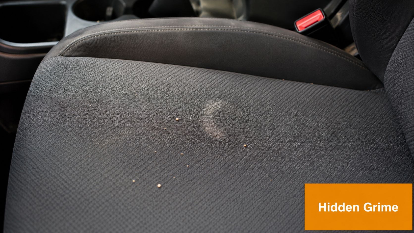 A close-up view of a dirty car seat with visible debris and a faint stain on fabric.