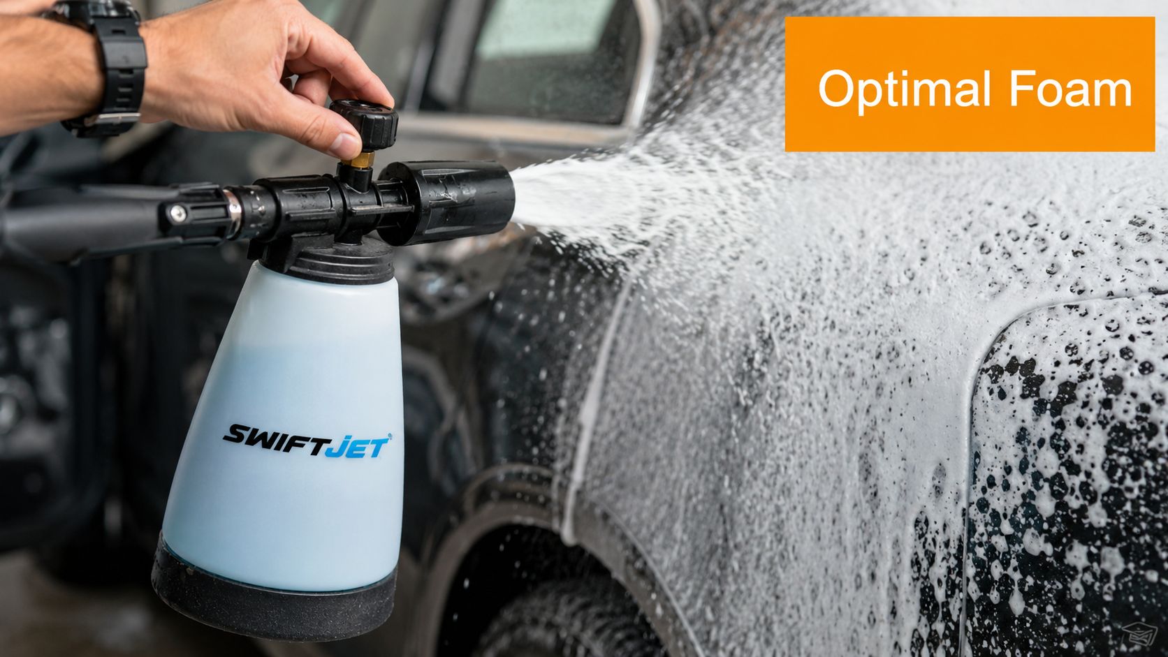 A person using a SWIFTJET foam cannon to spray soap onto a car for deep cleaning.