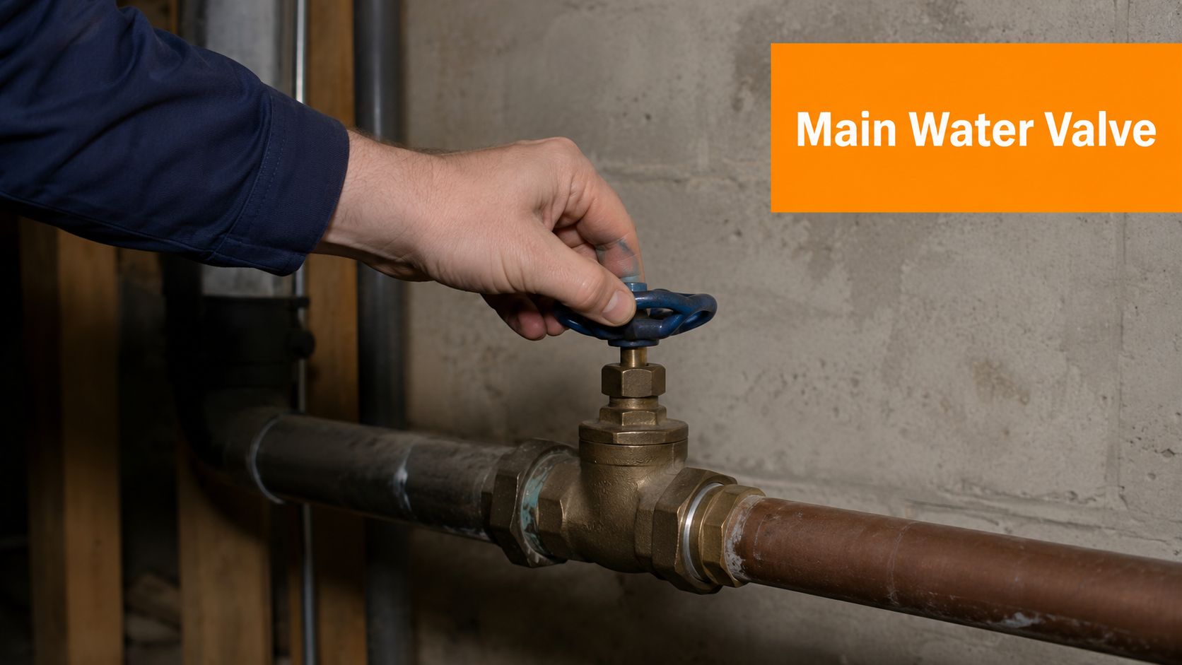 A close-up view of a person's hand turning a blue metal handle on a residential main water valve.