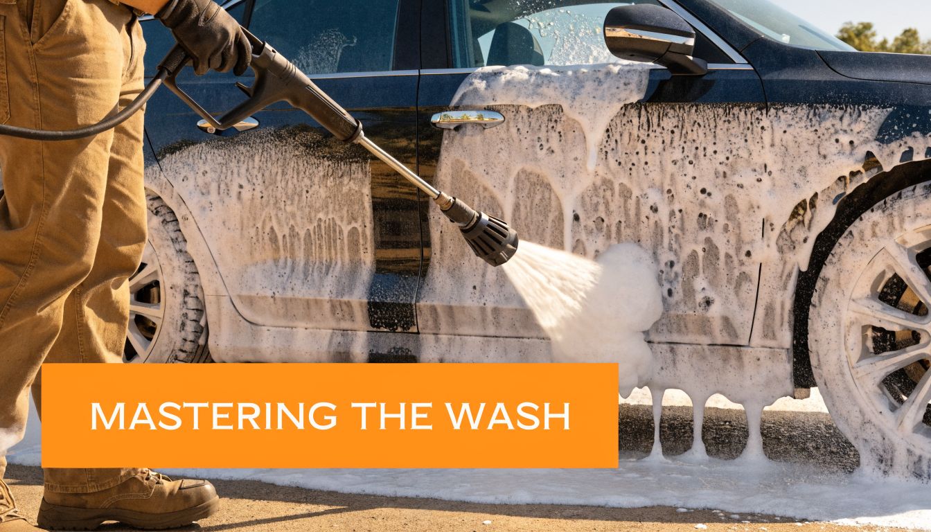 A person using a pressure washer with thick soap suds on a dark car exterior.