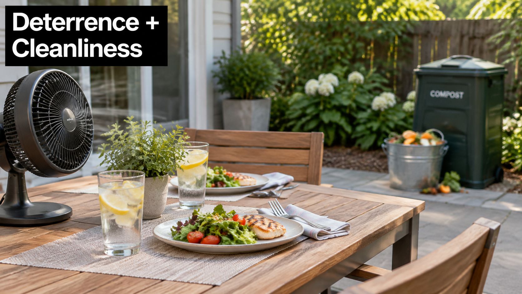 A modern fan on a patio table with food to deter flies from dining outdoors.